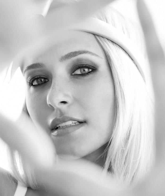 Black and white portrait of a blonde woman