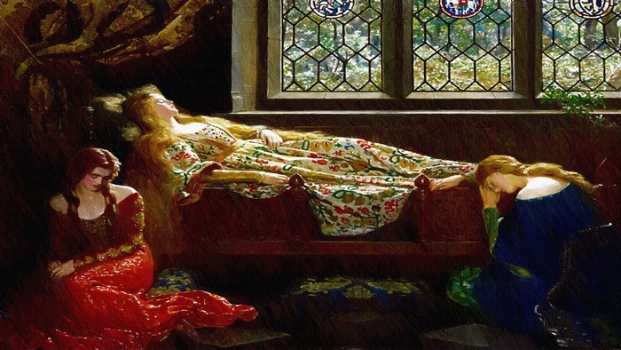 Painting of a sleeping woman with two mourning women