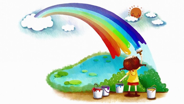 Child painting a rainbow over a pond