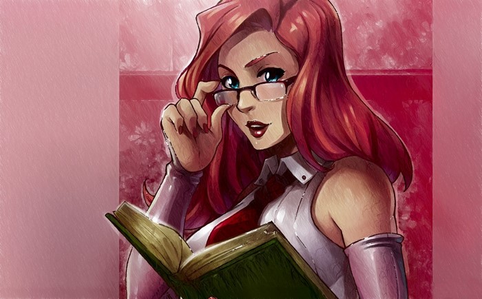 Anime girl with red hair and glasses reading a book