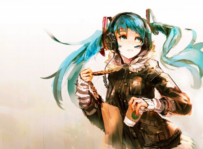 Hatsune Miku with headphones and coffee