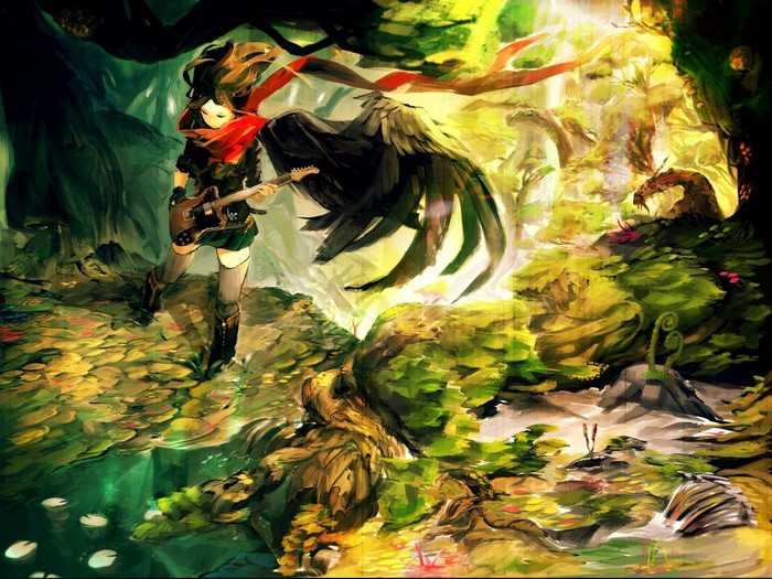 Anime girl with wings playing guitar in a forest