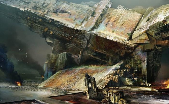 Post-apocalyptic cityscape with a massive derelict structure
