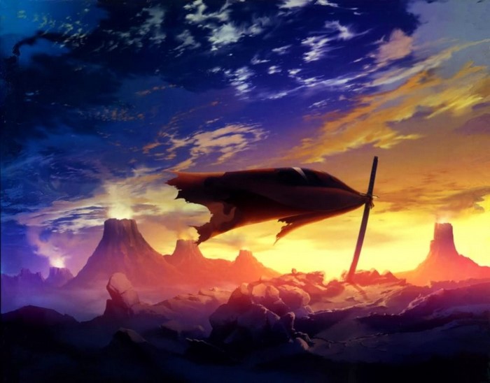 Tengen Toppa Gurren Lagann: Kamina's flag in a desolate landscape at sunset