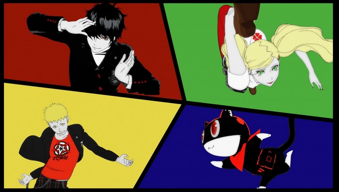 Persona 5 characters: Joker, Ann, Ryuji, and Morgana