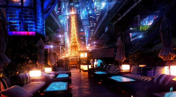 Futuristic nightclub with neon lights and city view