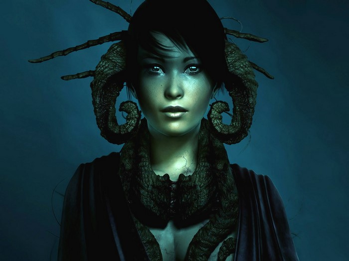 Fantasy art of a woman with ram horns