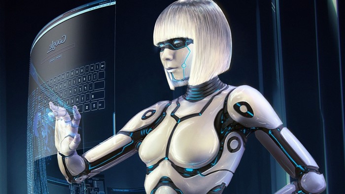 Robot interacting with a futuristic holographic display