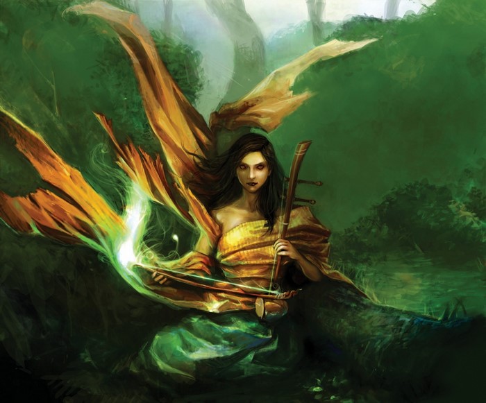 Fantasy art of a woman playing a stringed instrument