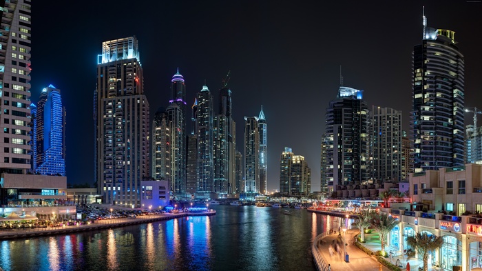 sea, light, booking, Dubai, landscape, Marina Yacth club, night, travel, vacation, lake, water