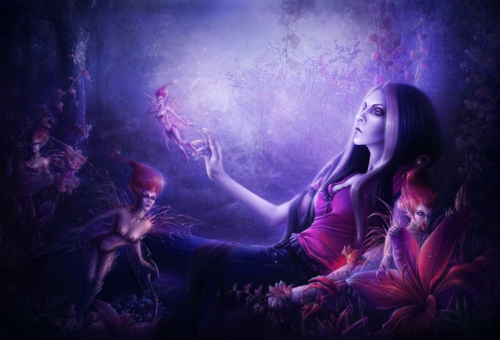 Fantasy art of fairies and a woman in a dark forest