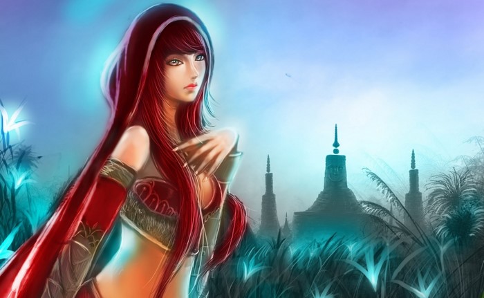 Fantasy art of a woman with red hair and a hood