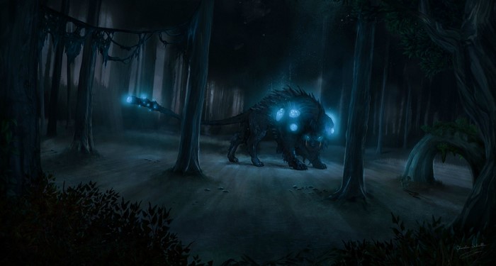 Fantasy creature with glowing eyes in a dark forest