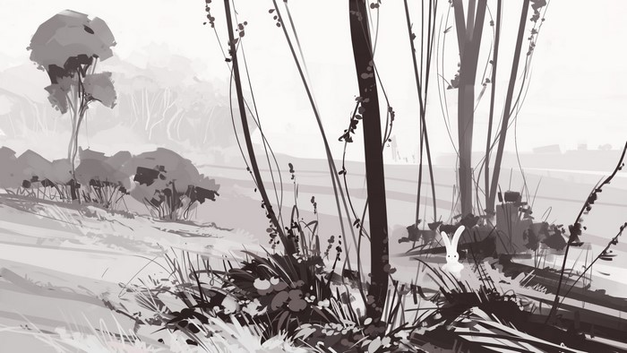 Monochrome sketch of a winter landscape with a rabbit