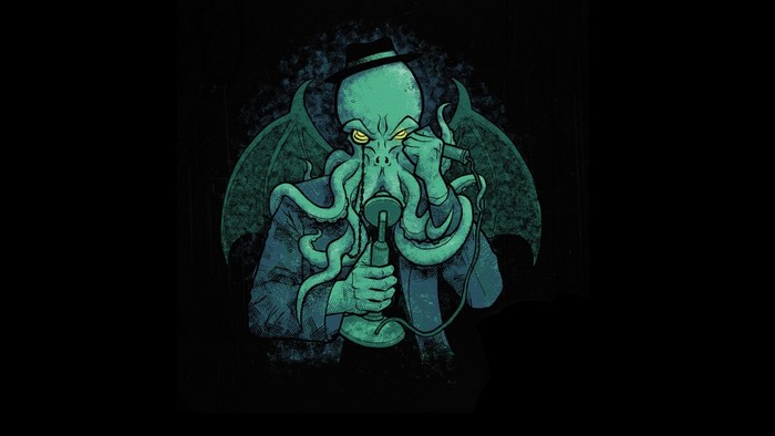 Cthulhu wearing a hat and suit holding a phone