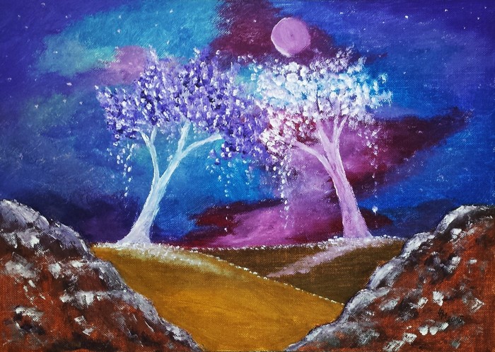 Fantasy landscape painting with trees and moon