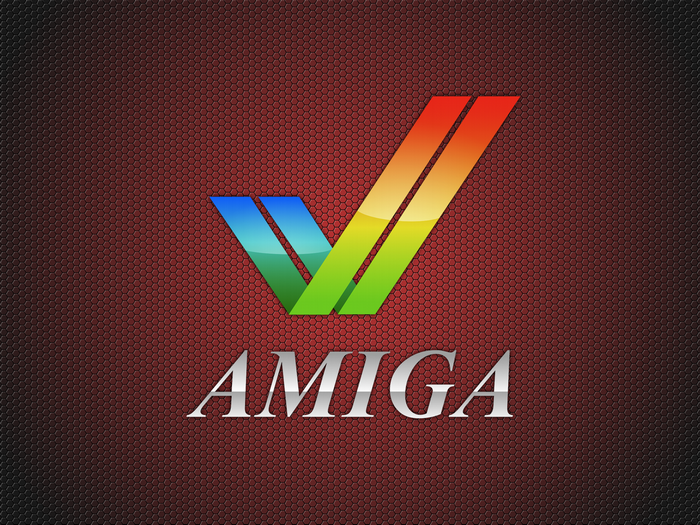 Amiga logo with colorful V shape on textured background