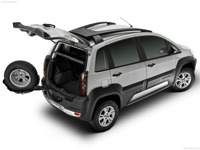 Silver Fiat Idea Adventure with spare tire on back
