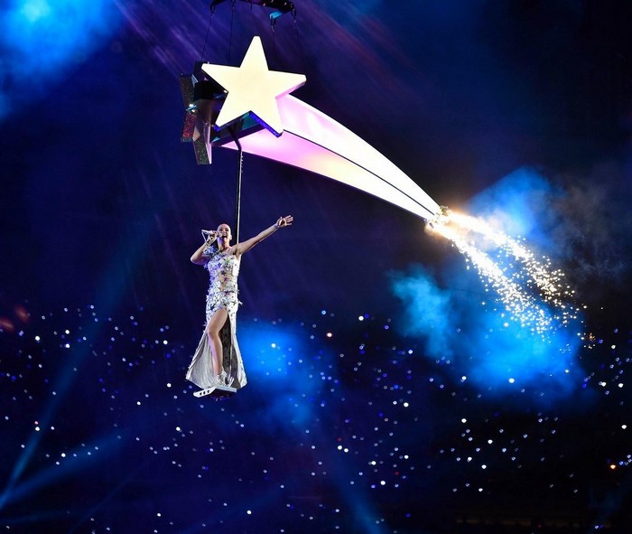 Katy Perry performing on a star during Super Bowl XLIX