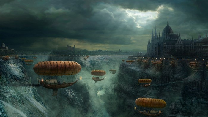 Steampunk airships over a canyon city with a grand cathedral