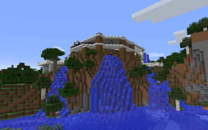Minecraft estate with waterfalls built on a mountainside
