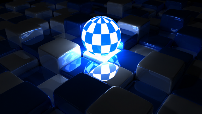 Blue and white checkered sphere on a grid of cubes