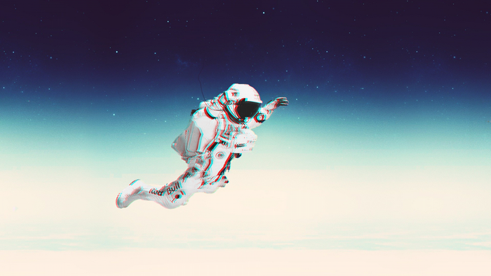 Astronaut in a Red Bull spacesuit falling in space