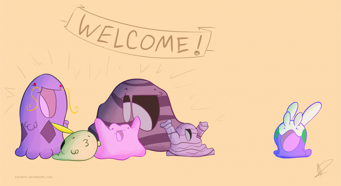 Pokemon characters with a welcome banner