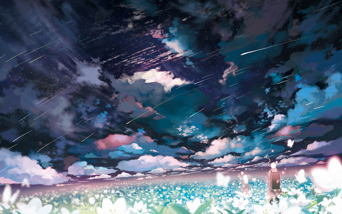 Anime field with shooting stars and butterflies
