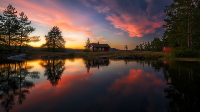 Red cabin by a lake at sunset