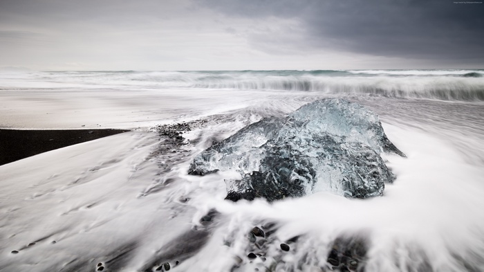 Jokulsarlon beach, winter, white, Iceland, 4k, Ice block, ice lagoon, ocean, sea, HD