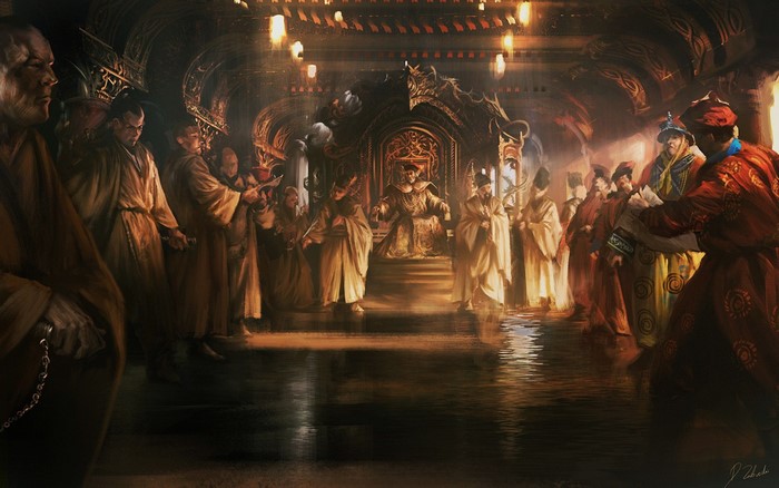 Darek Zabrocki artwork of a throne room with figures in robes