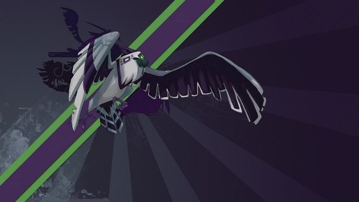 Anime illustration of a stylized eagle with purple and green stripes