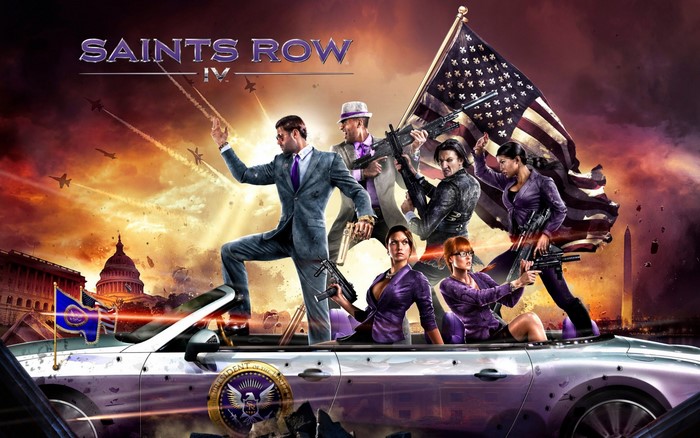 Saints Row IV characters in a car with US flag