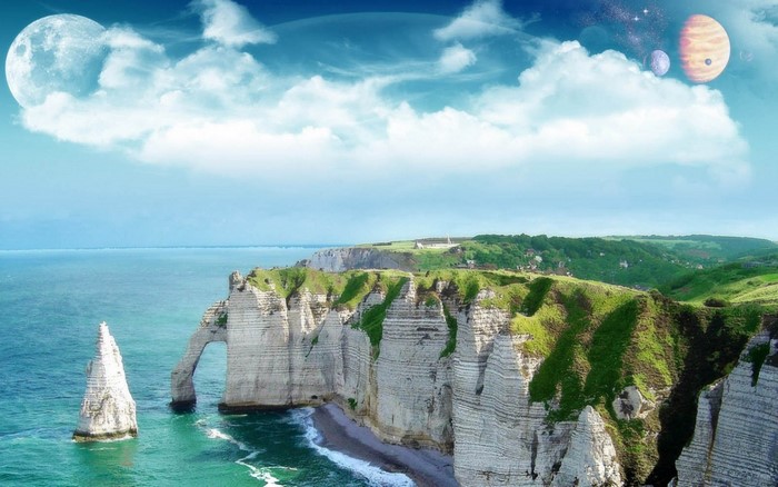 Fantasy landscape with cliffs, ocean, and planets