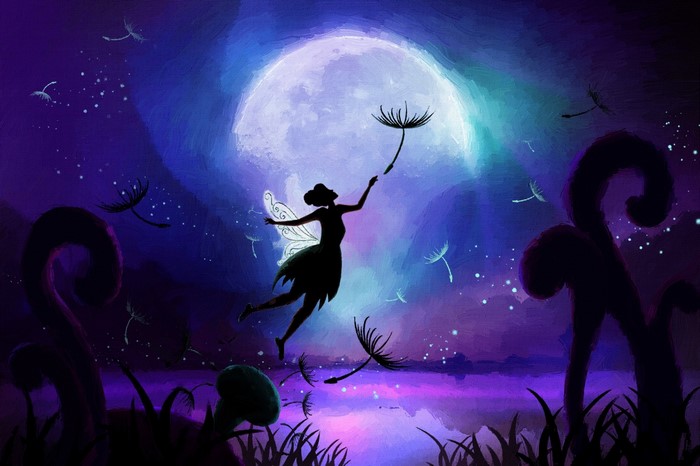 Fairy blowing dandelion seeds under the moon