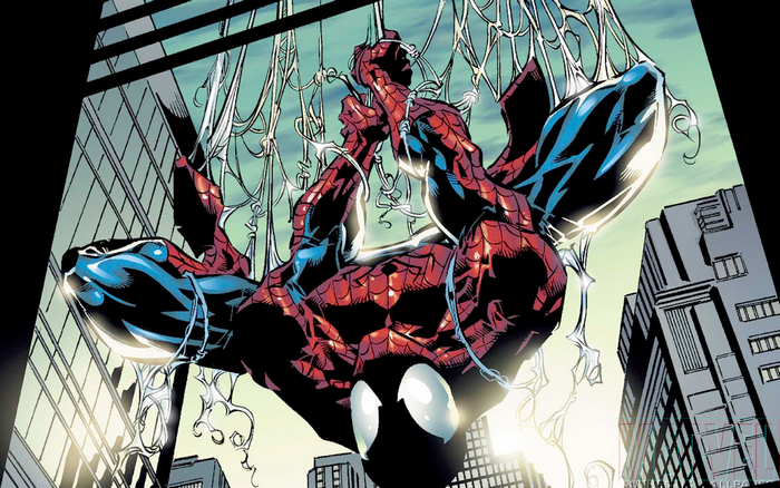 Spider-Man hanging upside down from webs between buildings