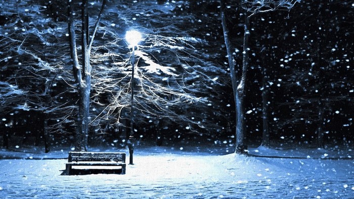 Snowy park at night with a bench and lantern