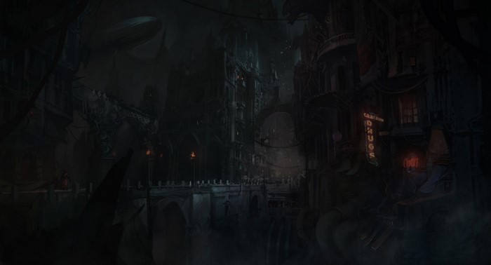 Concept art of a dark, gothic city at night
