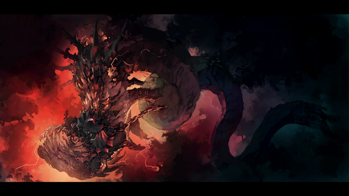 Concept art of a dark dragon with red and black clouds