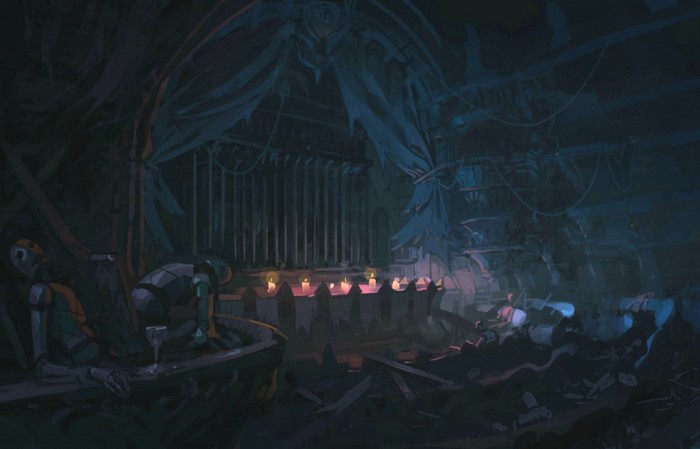 Concept art of a dark, abandoned stage with candles