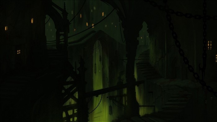 Concept art of a dark, eerie castle interior