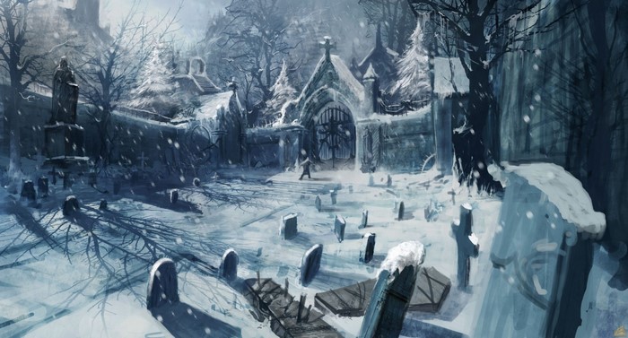 Snowy graveyard with a figure near a gate