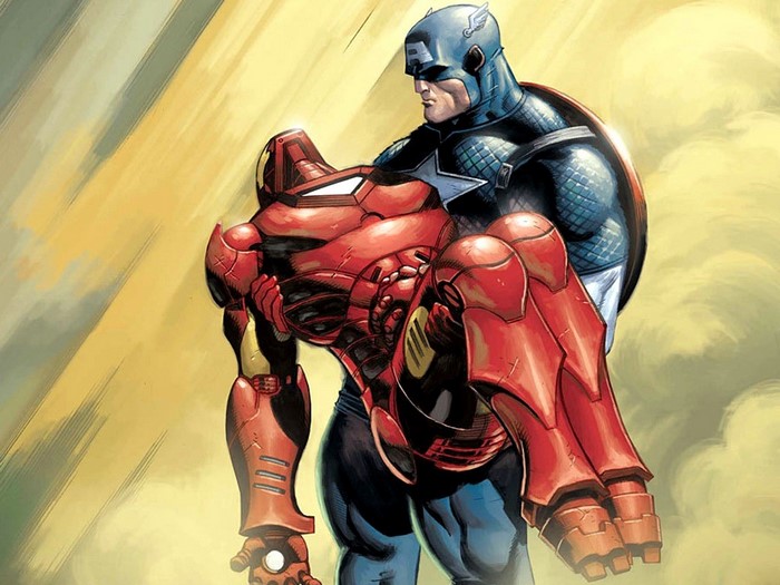Captain America carrying Iron Man
