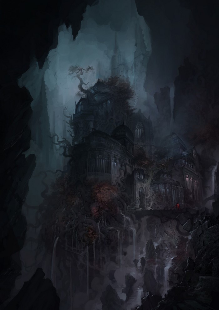 Concept art of a dark, overgrown castle in a cave