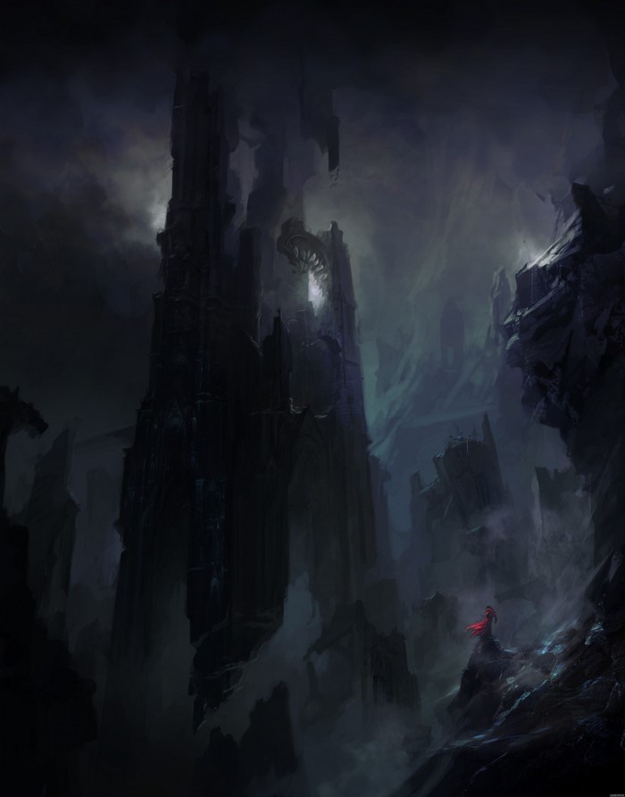 Dark fantasy castle with a figure in red