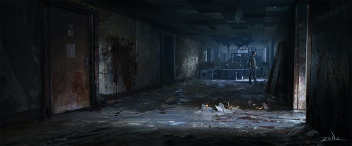 Concept art of a hallway from The Last of Us