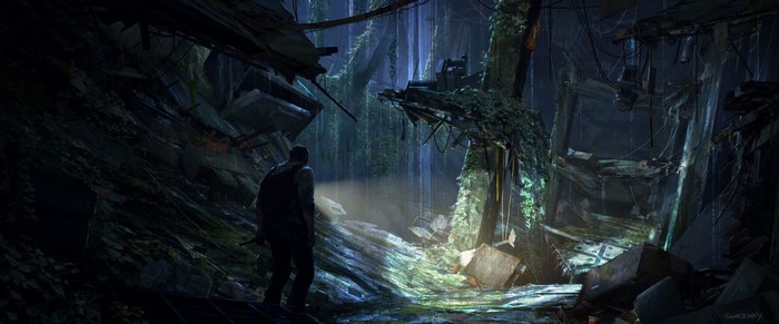Man in ruined jungle environment from The Last of Us
