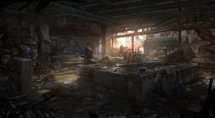 Concept art of survivors in a ruined store from The Last of Us