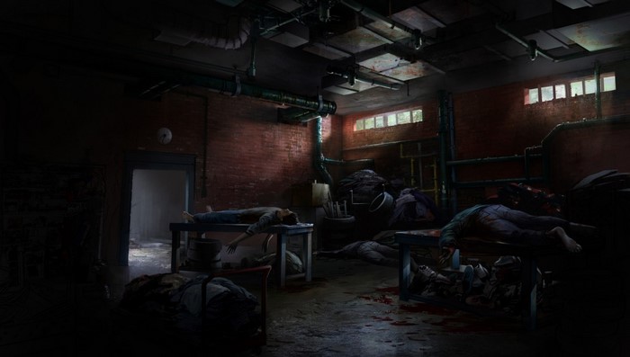 Concept art of bodies in a dark room from The Last of Us